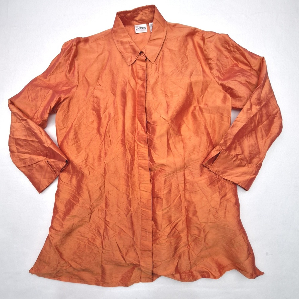 Chicos Button Down Shirt Womens XL Orange Silk Iridescent Blouse